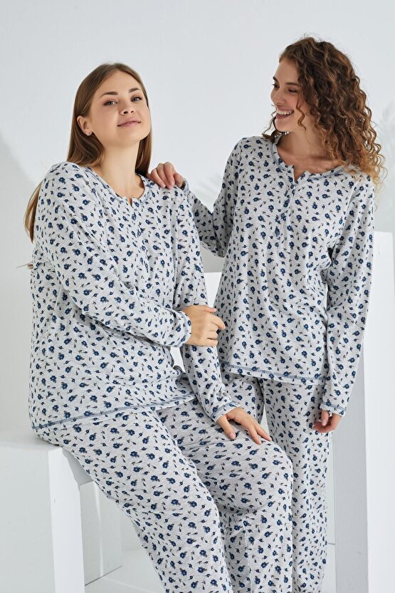 %100 Pamuk Uzun Kol Büyük Beden Kadın Pijama Takımı 98280BB