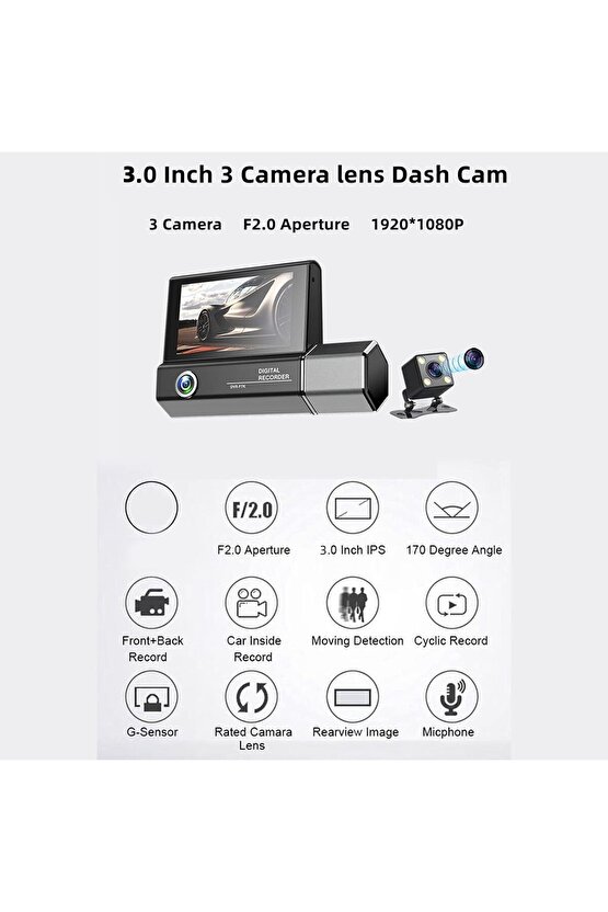 Araç İçi Kamera Ön Arka, 1080P Ön Arka İÇ, Döngü Kaydı, Hareket Algılama, 3 LENS CARDVR DASH CAM