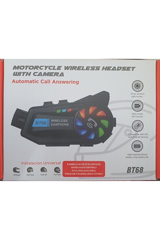 Bt68 Kameralı Intercom Motosiklet Bluetooth Kask Kulaklık Ses Kontrolü 1080p Video Kayıt Interkom