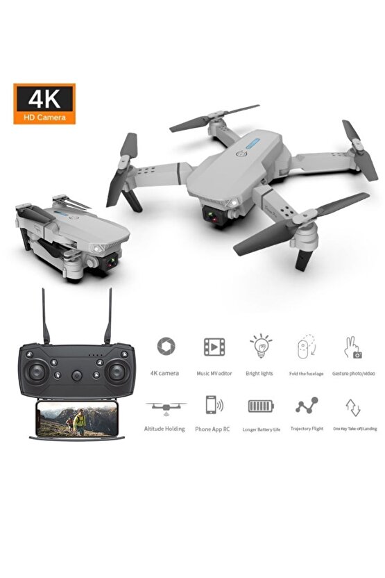 E88 DRONE 4K HD ÇİFT KAMERALI DRONE APP KONTROL WİFİ Lİ KATLANABİLİR QUATCOPTER X3 BATARYA