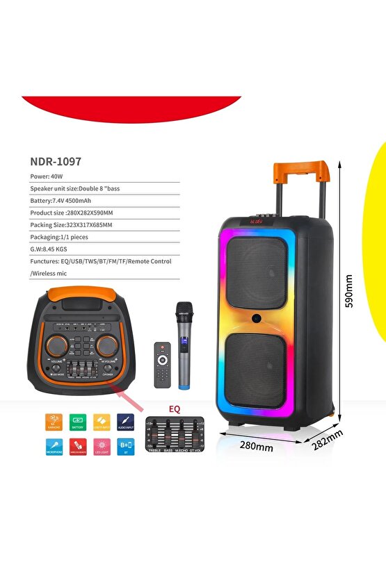 NDR-1097 BÜYÜK BOY BLUETOOTH HOPARLÖR KABLOSUZ TEKERLEKLİ TAŞINABİLİR KABLOSUZ SPEAKER TOPLANTI ANFİ