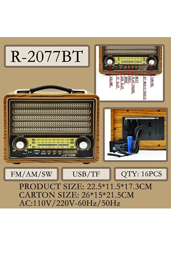 Nostaljik Radyo Bluetooth Hoparlör Fm Radio Sd Kart Usb Girişli Şarjlı Speaker