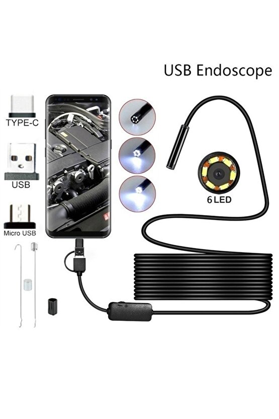 3ü 1 Arada Endeskop Kamera Mikrofon Usb Ve Tip-c 6 Led Su Geçirmez 10 Metre Borescope Yılan Kamera