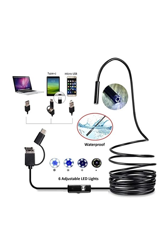 3ü 1 Arada Endeskop Kamera Mikrofon Usb Ve Tip-c 6 Led Su Geçirmez 10 Metre Borescope Yılan Kamera