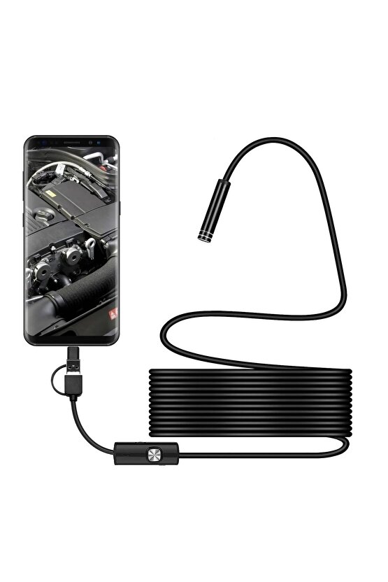 3ü 1 Arada Endeskop Kamera Mikrofon Usb Ve Tip-c 6 Led Su Geçirmez 5 Metre Borescope Yılan Kamera