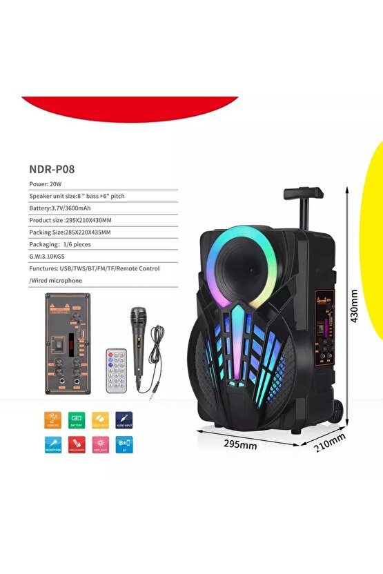 Party Box Bluetooth Hoparlör Büyük Boy Taşınabilir Şarjlı Kablosuz Hoparlör + Karaoke Mikrofon