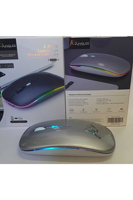 Rgb Led Işıklı Şarjlı Kablosuz Mouse Sessiz 2.4 Ghz Usb Wireless 800-1200-1600 Ayarlanabilir Dpi