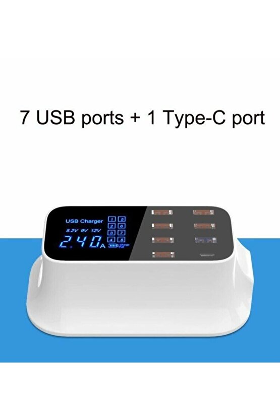 7 Port Usb 1 Port Type C Akıllı Şarj Aleti Dijital Göstergeli Çoklu Şarj Istasyonu Lcd Ekranlı 40w