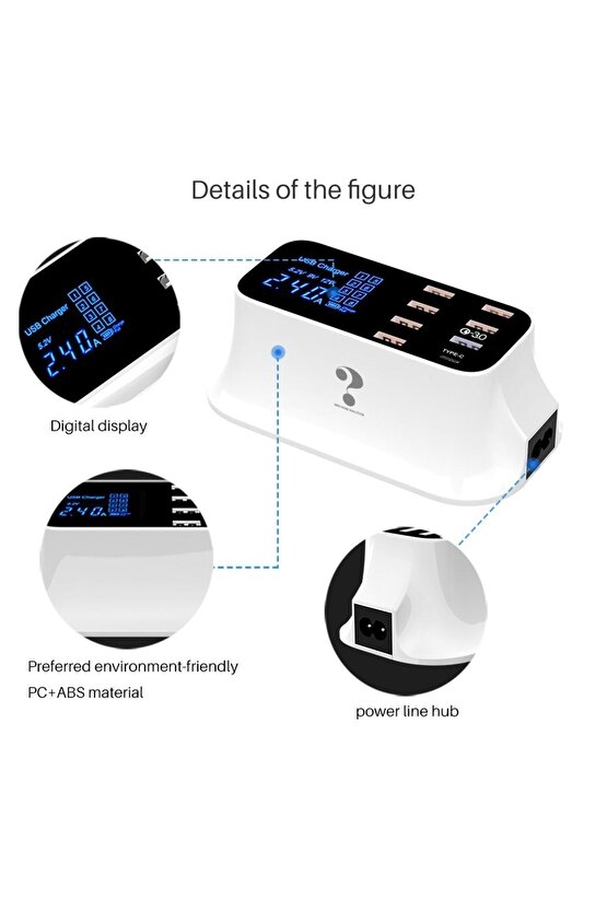 7 Port Usb 1 Port Type C Akıllı Şarj Aleti Dijital Göstergeli Çoklu Şarj Istasyonu Lcd Ekranlı 40w