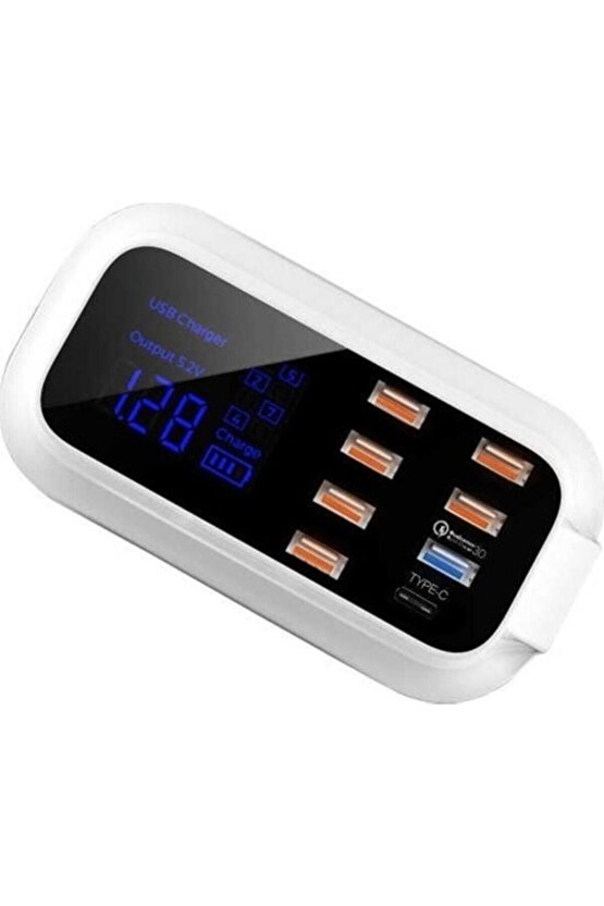 7 Port Usb 1 Port Type C Akıllı Şarj Aleti Dijital Göstergeli Çoklu Şarj Istasyonu Lcd Ekranlı 40w