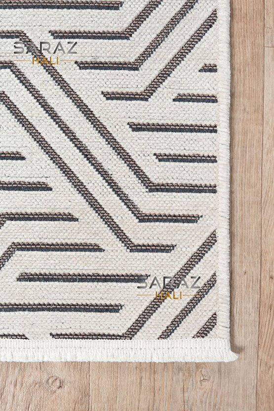 Ada Kilim Modern Salon Mutfak Koridor Kesme Yolluk Dokuma Makine Halısı zigzag krem