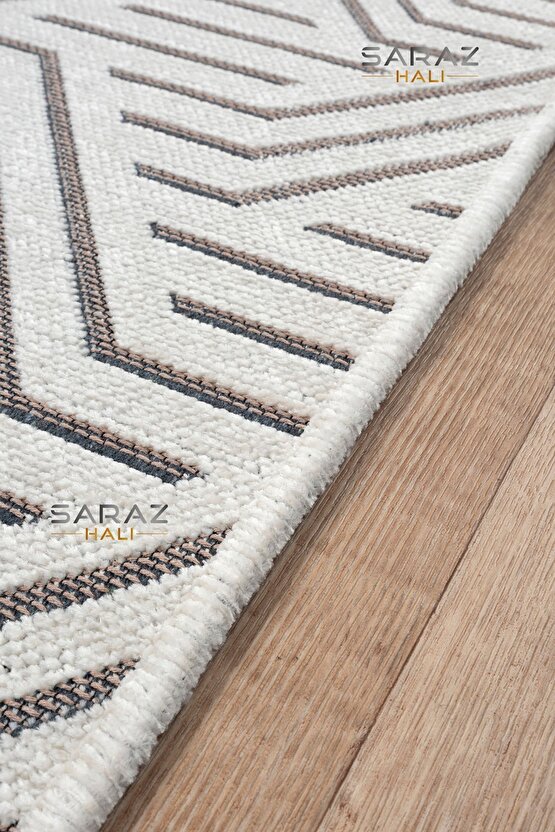 Ada Kilim Modern Salon Mutfak Koridor Kesme Yolluk Dokuma Makine Halısı zigzag krem