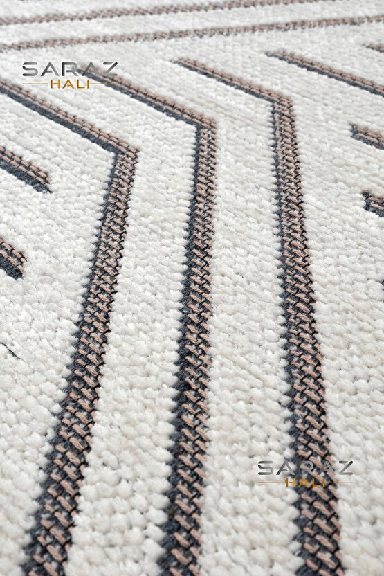 Ada Kilim Modern Salon Mutfak Koridor Kesme Yolluk Dokuma Makine Halısı zigzag krem