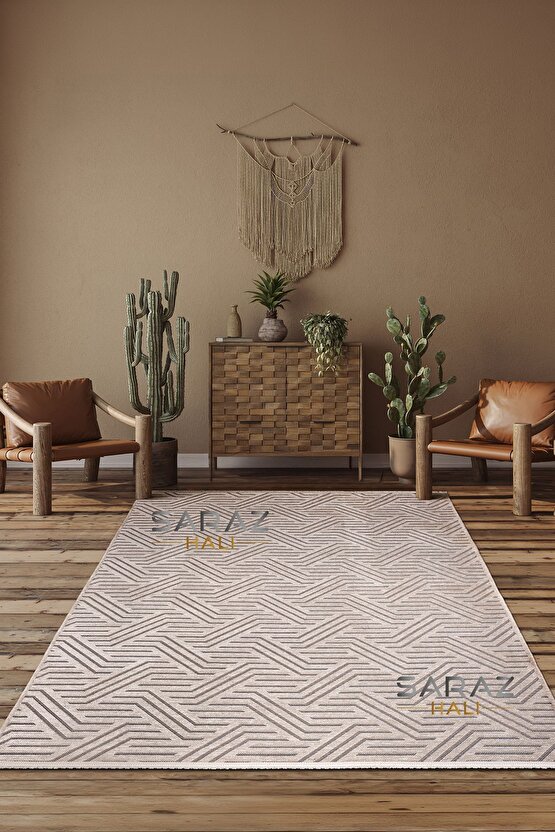 Ada Kilim Modern Salon Mutfak Koridor Kesme Yolluk Dokuma Makine Halısı zigzag vizon