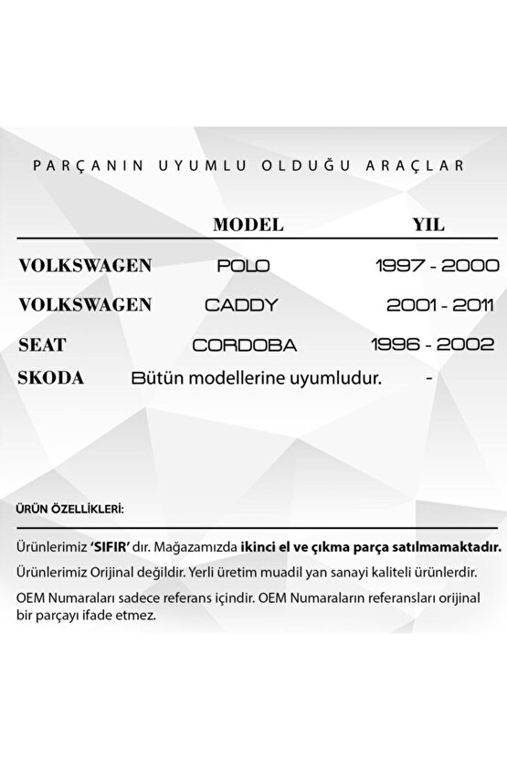 Volkswagen Polo, Caddy, Seat Cordoba, Skoda Için Arka Silecek Kapağı