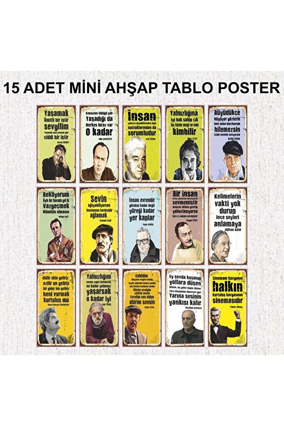 Türk edebiyatı şair ve yazarları dekorasyonu 15 adet mdf ahşap poster tablo seti