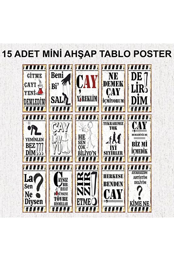 çay sözleri duvar yazıları ev mutfak cafe dekorasyon 15 adet mdf ahşap tablo poster seti