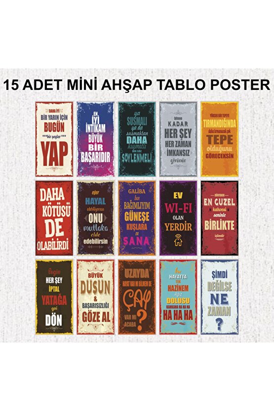 motivasyon ve eğlenceli duvar yazıları 15 adet ahşap poster seti ev dekorasyon tablo seti