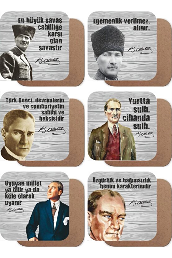 Mustafa Kemal Atatürk Ahşap Bardak Altlığı Seti 6lı