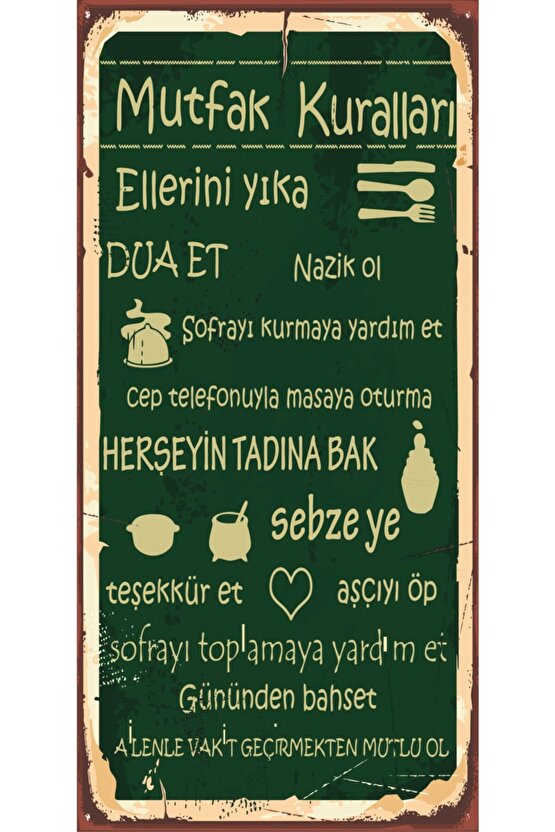 Mutfak Kuralları Tablosu (10 Cm X 20 Cm) Mini Retro Ahşap Poster