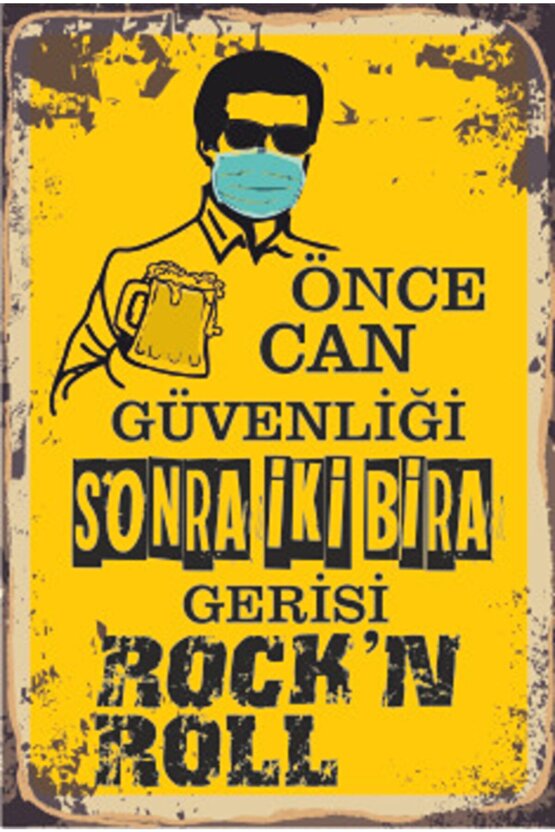 Koronavirüs Önce Can Güvenliği Gerisi Rockn Roll Retro Ahşap Poster