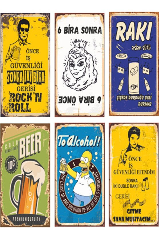 Alkol Temalı 6lı Mini Retro Ahşap Poster Seti