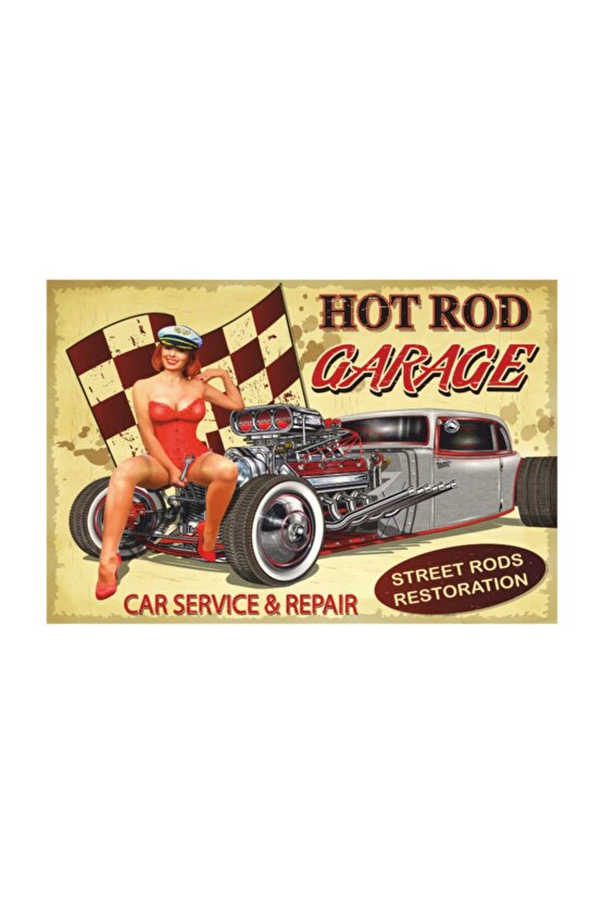 Pin Up Hot Rod Garage Retro Vintage Ahşap Poster