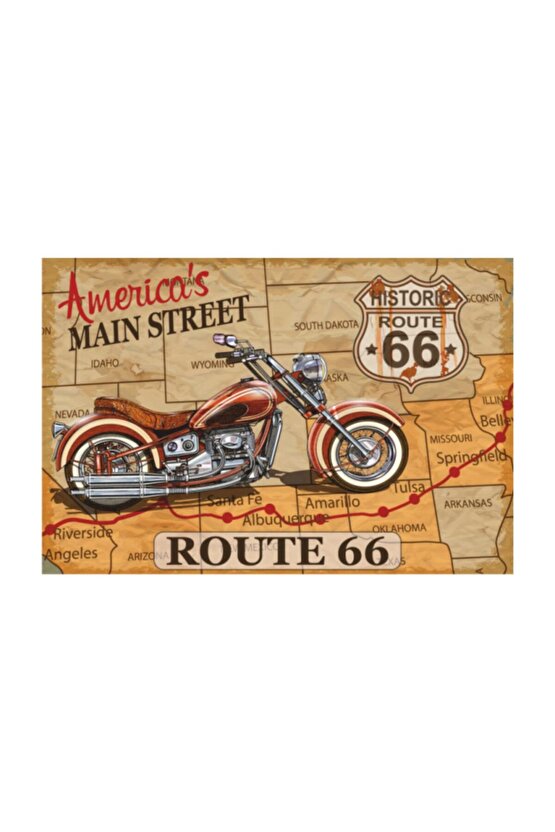 Amerikan Route 66 Klasik Motor Retro Vintage Ahşap Poster