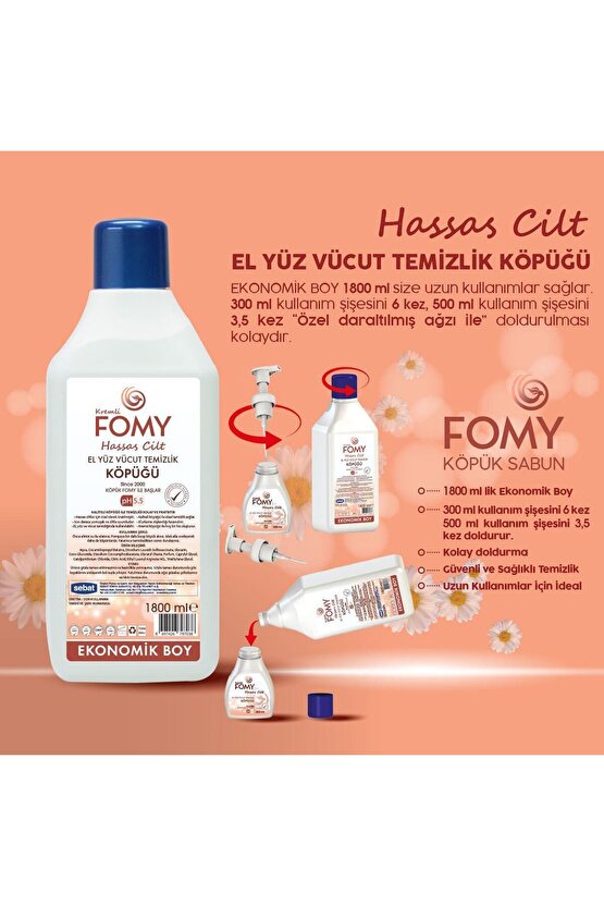 Hassas Cilt Köpük Sabun El Yüz Vücut 1800 Ml  2 Adet