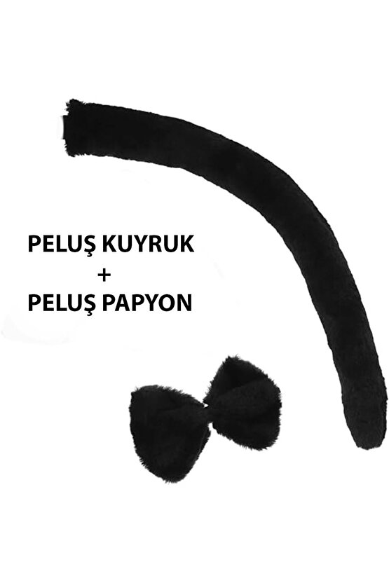 Peluş Siyah Renk Kuyruk ve Papyon Yetişkin Çocuk Uyumlu