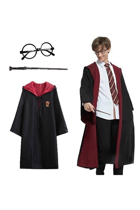 Himarry Harry Potter Gryffindor Kapişonlu Çocuk Kostüm + Asa + Gözlük Seti 7-8 Yaş