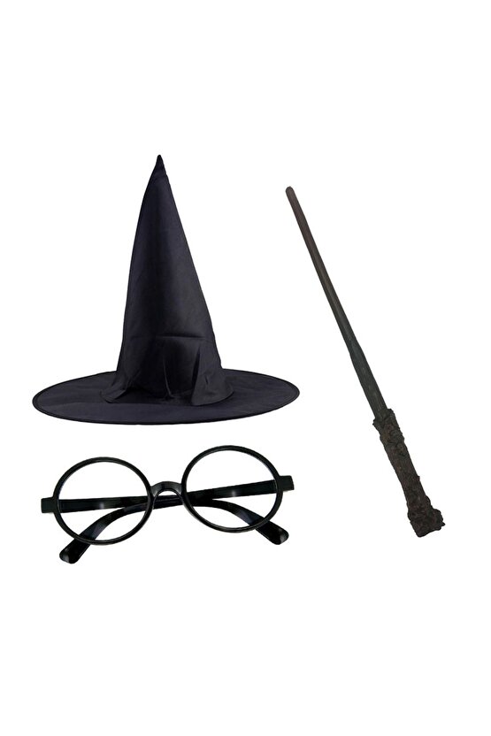 Harry Potter Şapkası Harry Potter Gözlüğü Harry Potter Asası 3 Lü Set