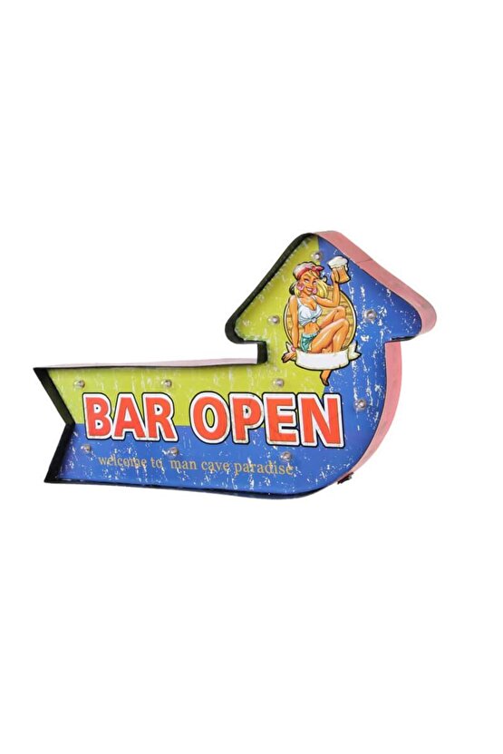 Bar Open Temalı Ledli Bar Tabelası Pano Vintage Led Ampülü