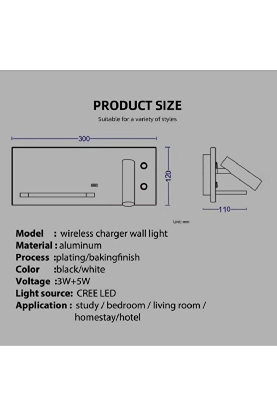 Fullreyon Yatak Başı Led Aplik Kablosuz Şarj Okuma Lambası Beyaz Kasa Günışığı Işık