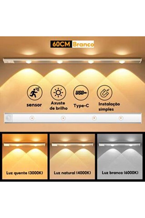 60 Cm, Sensörlü, Şarjlı, 3 Işık Renkli, Alüminyum Kasa, Işık Desenli, Çok Amaçlı Modern Led Aplik