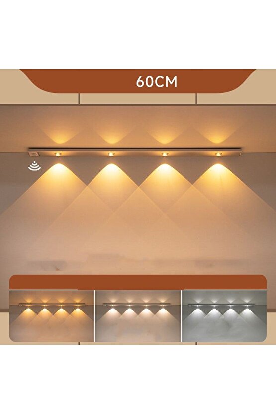 60 Cm, Sensörlü, Şarjlı, 3 Işık Renkli, Alüminyum Kasa, Işık Desenli, Çok Amaçlı Modern Led Aplik