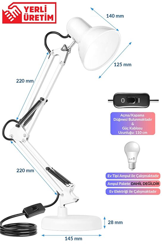 Metal Masa Lambası, Akrobat Yaylı 360° Açılı Ayarlanabilir, Hareketli Modern Çalışma Masası Lambası