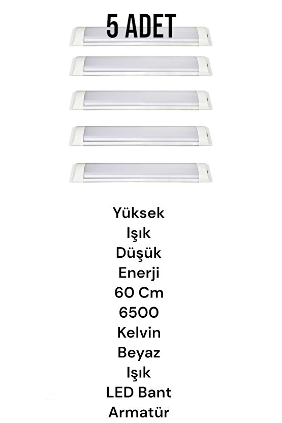 5 Adet 60 Cm, Ultra Kaliteli, Beyaz Işık 18 Watt Led Bant Armatür İşletme Ev, Ofis, Fabrika Armatürü