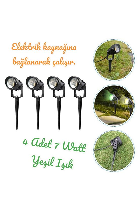 4 Adet Elektrikle Çalışır, 7 Watt YEŞİL IŞIK Kazıklı Bahçe Armatürü, Çim, Çiçek, Ağaç Aydınlatması