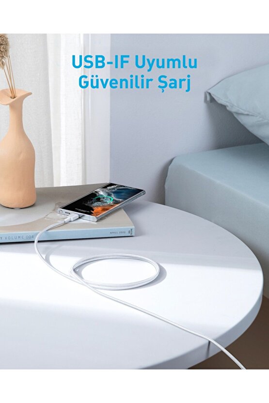 322 PowerLine USB-C to USB-C Örgülü Kablo 3ft0.9m 60W  Beyaz - A81F5 (Anker Türkiye Garant