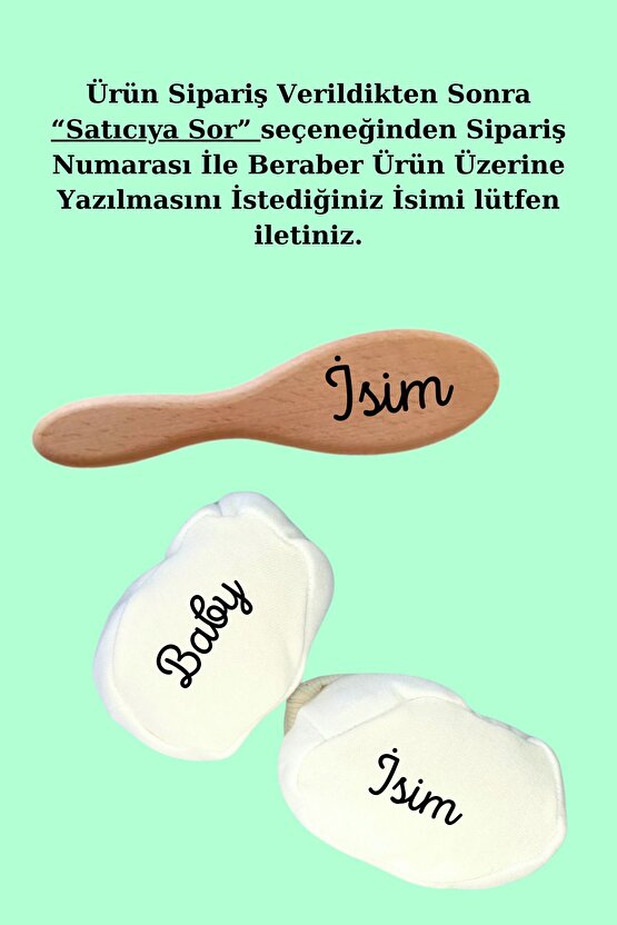 Kişiye  İsme Özel Bebek, Yenidoğan Doğal Keçi Kılı Saç Fırçası ve Patik Seti yenidoğan hediyesi