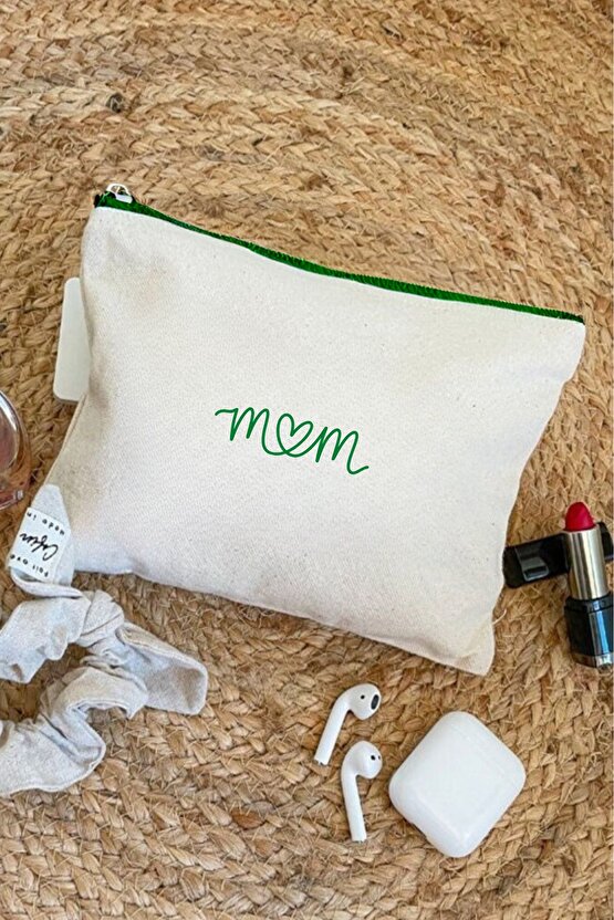 MOM Clutch Kanvas Organizer  Makyaj Çantası Yeşil fermuar