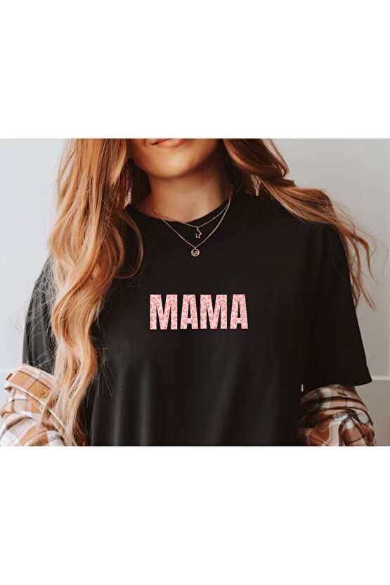 MAMA Baskılı Oversize Siyah T-shirt -   Pembe Mama