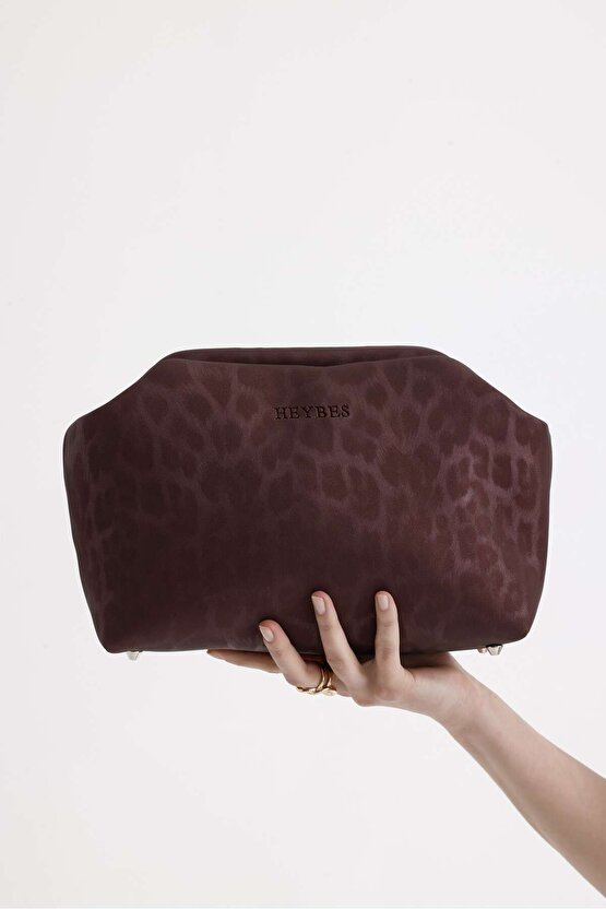 Heybes Kadın Mürdüm Leopar Desenli Deri Clutch El Çantası