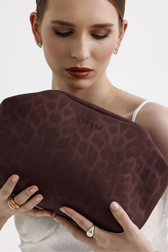 Heybes Kadın Mürdüm Leopar Desenli Deri Clutch El Çantası