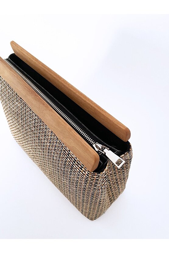 Kadın Ahşap Detaylı Çizgili Jüt Hasır Clutch El Çantası