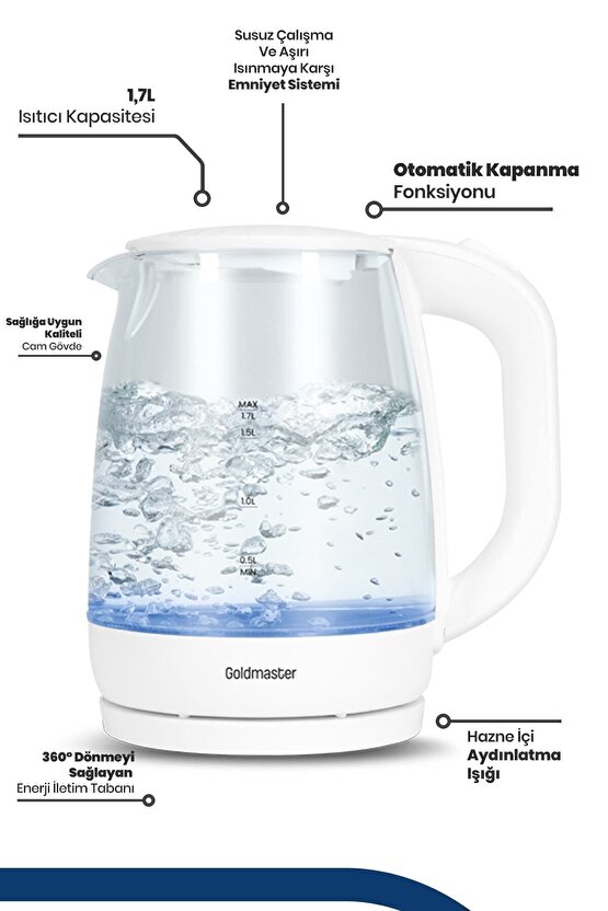 Orginal Blue 2200 Watt 1.7 Litre Işıklı Cam Kettle Su Isıtıcı Beyaz