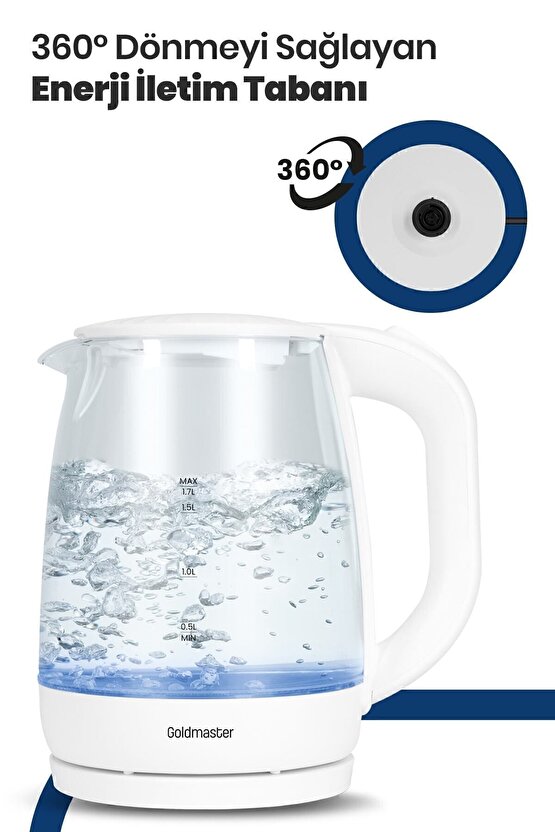 Orginal Blue 2200 Watt 1.7 Litre Işıklı Cam Kettle Su Isıtıcı Beyaz