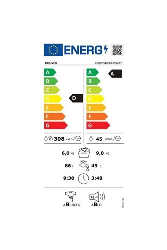 H3DPS4966TAB6 9 kg Yıkama 6 kg Kurutma Wi-Fi + Bluetooth Bağlantılı 1400 Devir Kurutmalı Çamaşır M.