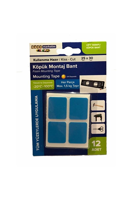 Köpük Çift Taraflı Beyaz Köpük Bant Montaj Bandı 12 Li 25mmx30mm Özel Kesim